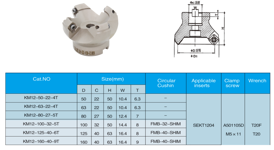 Ocut Face Milling Cutter Set C32-FMB22 Arbor+ KM12 50 22 4T Face Mill + 10PCs SEKT1204 Carbide Miling Inserts - Face mill - 1